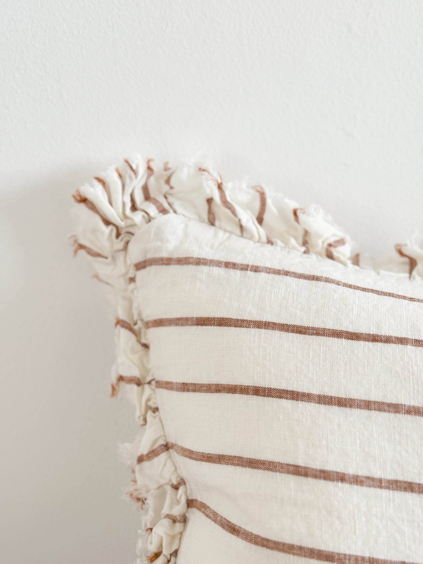 Brown & Cream Stripe Ruffle Linen Cushion Small