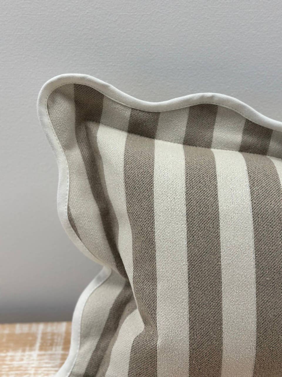 Greige Stripe Scalloped Edge Cushion Small