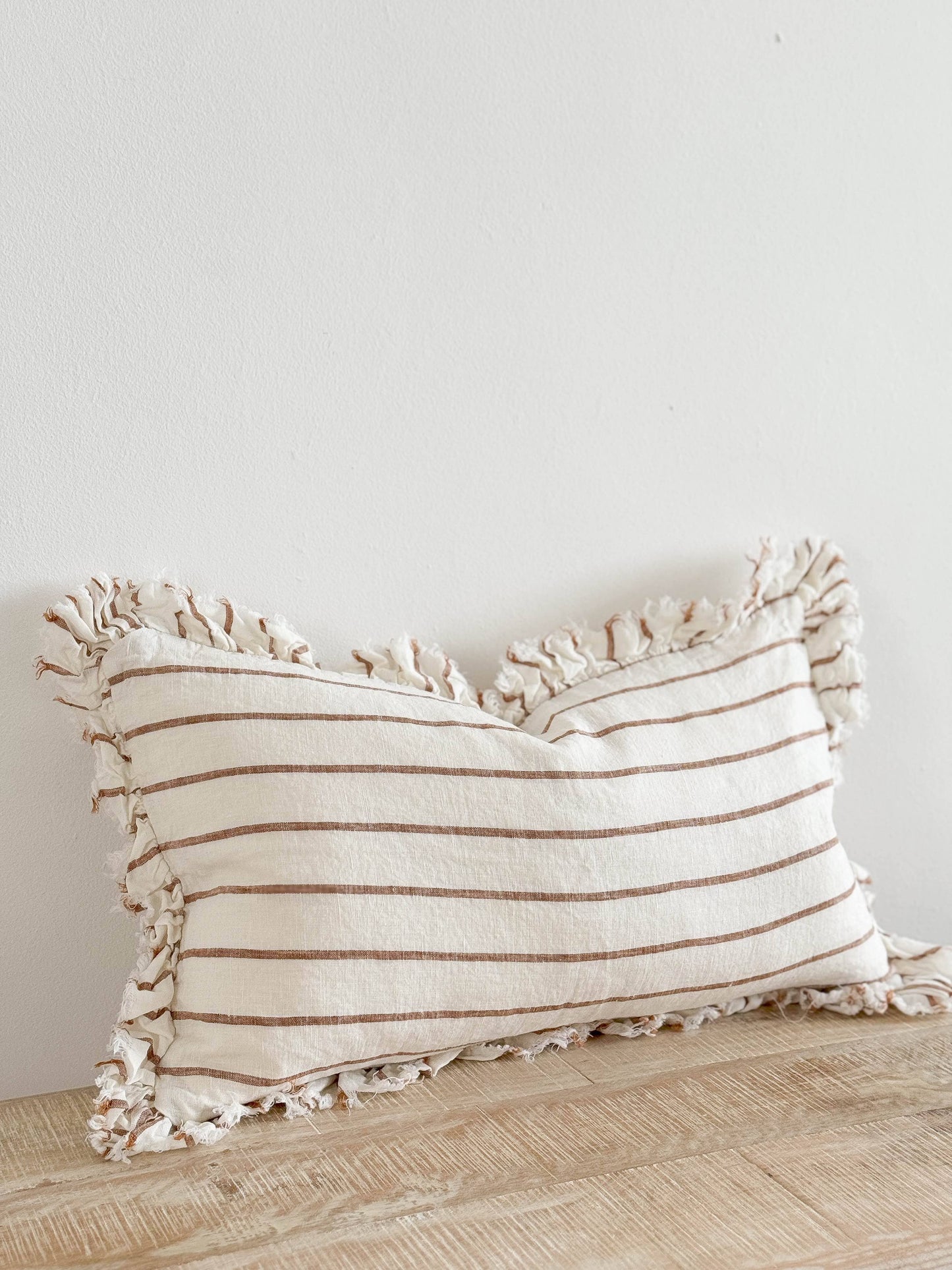 Brown & Cream Stripe Ruffle Linen Cushion Small