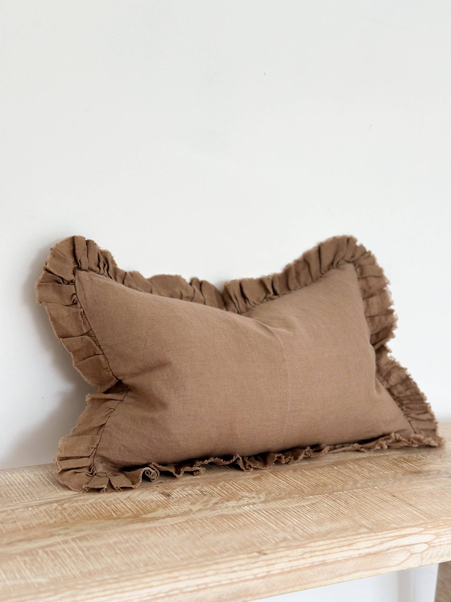 Brown Ruffle Linen Cushion Small