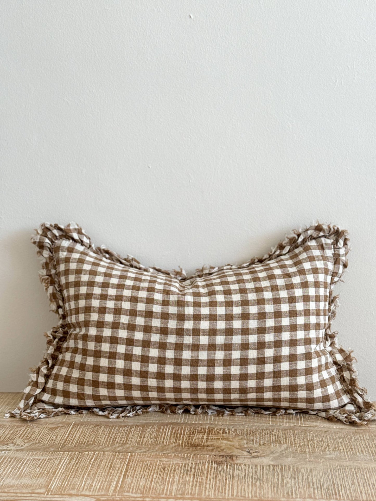 Ruffled Linen Cushion Brown Gingham Small