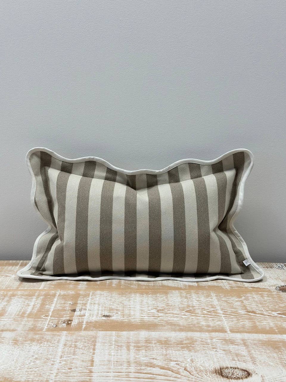 Greige Stripe Scalloped Edge Cushion Small