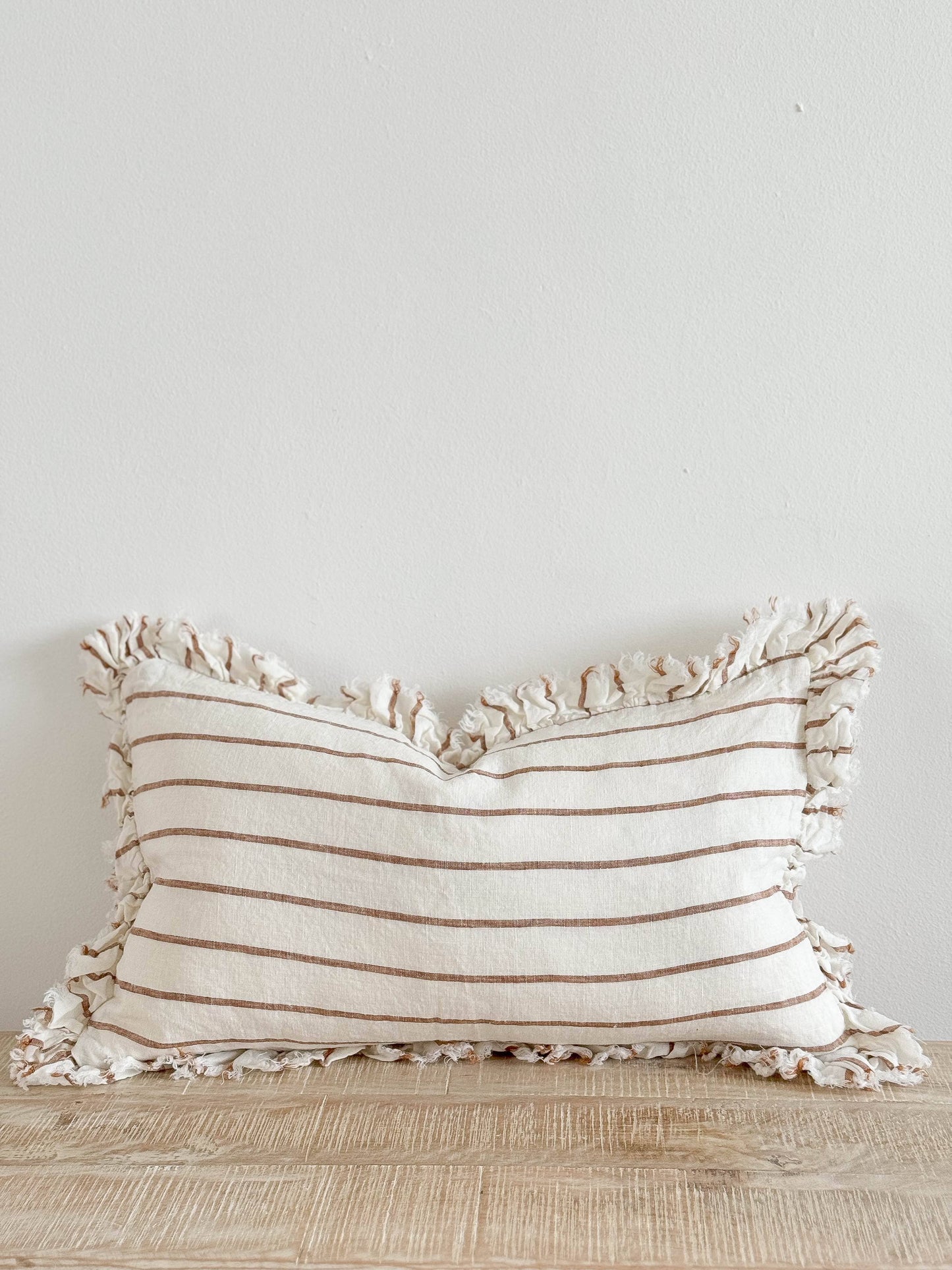 Brown & Cream Stripe Ruffle Linen Cushion Small