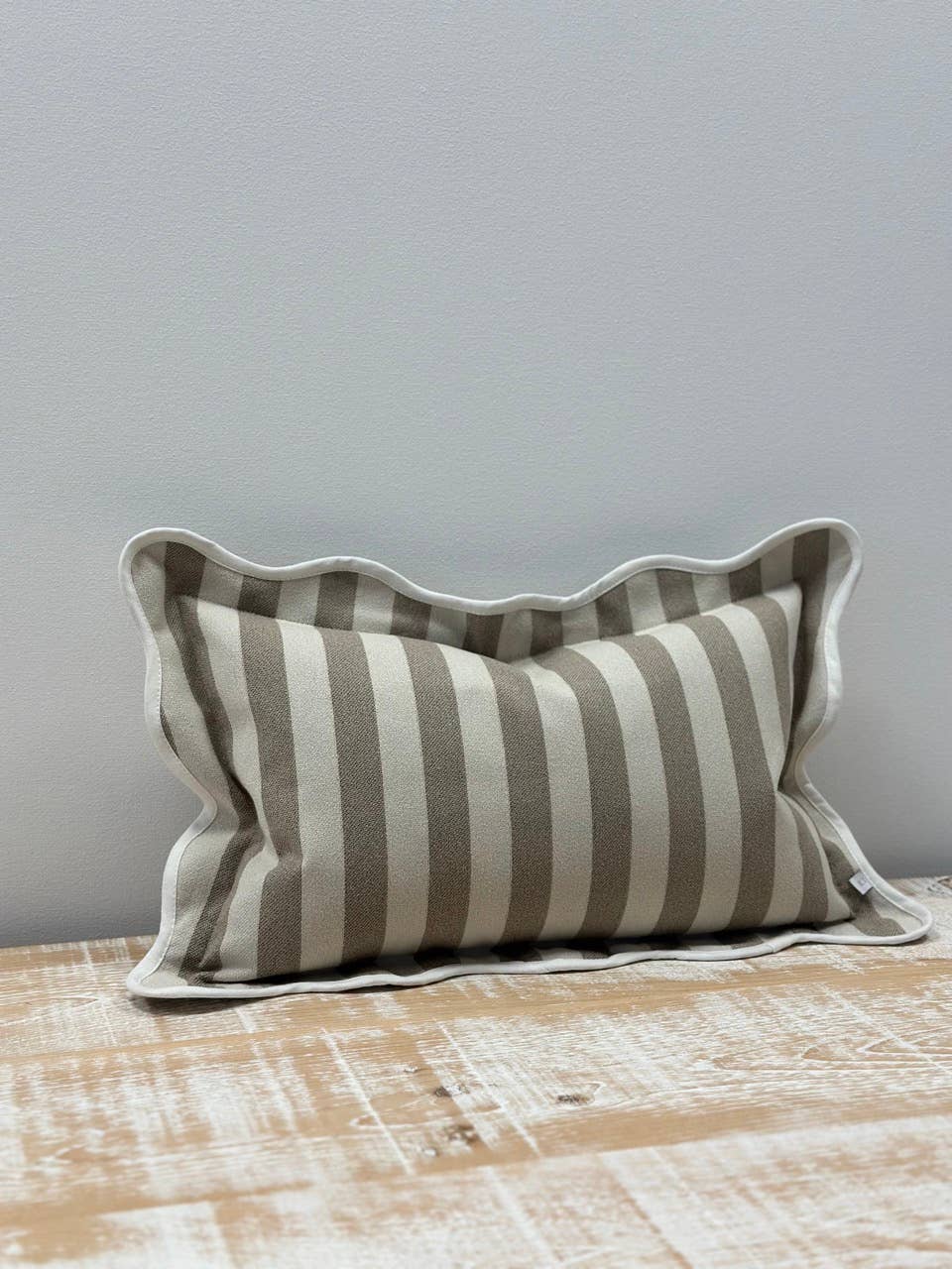 Greige Stripe Scalloped Edge Cushion Small