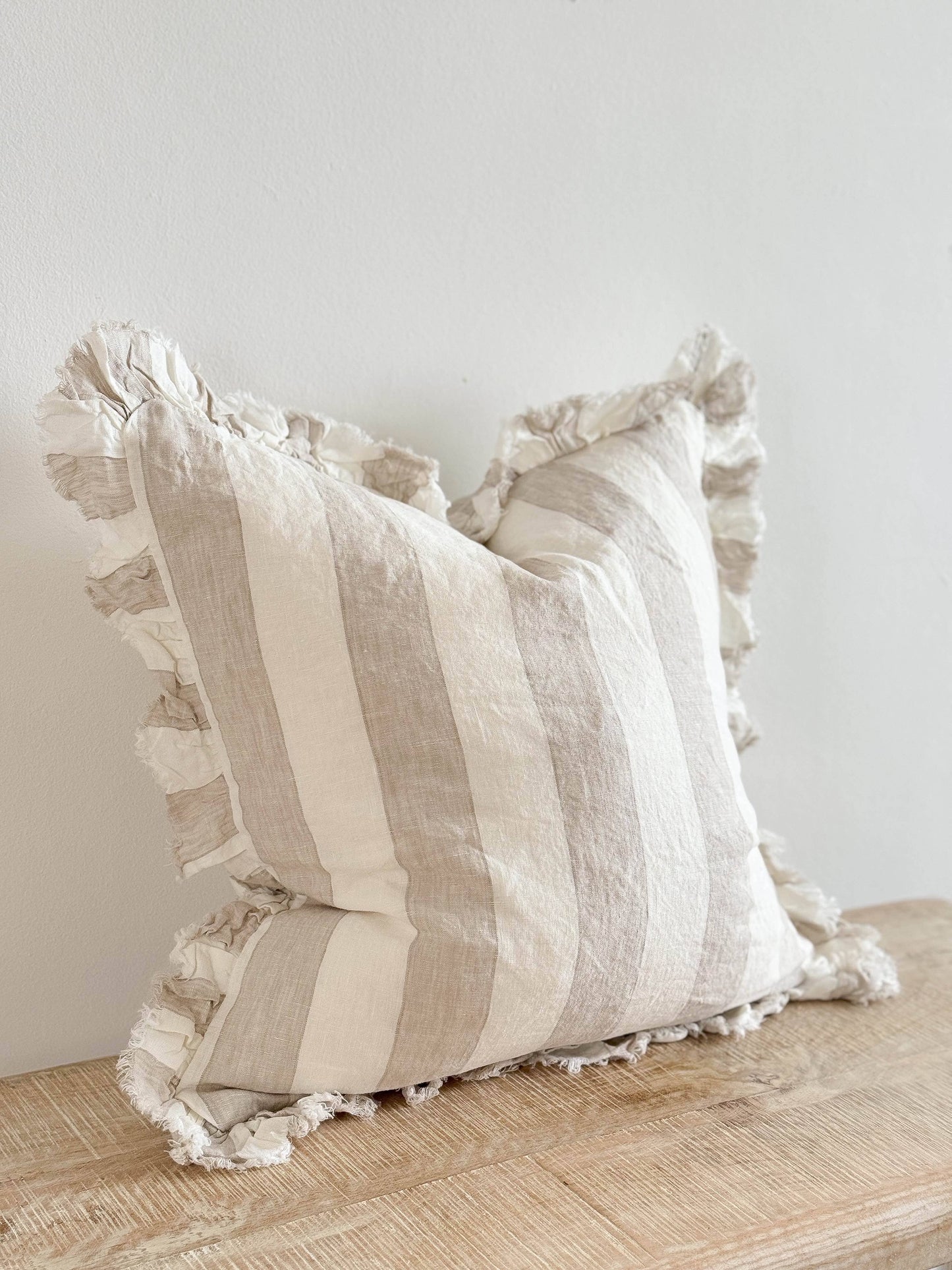 Beige & Cream Wide Stripe Ruffled Cushion Medium