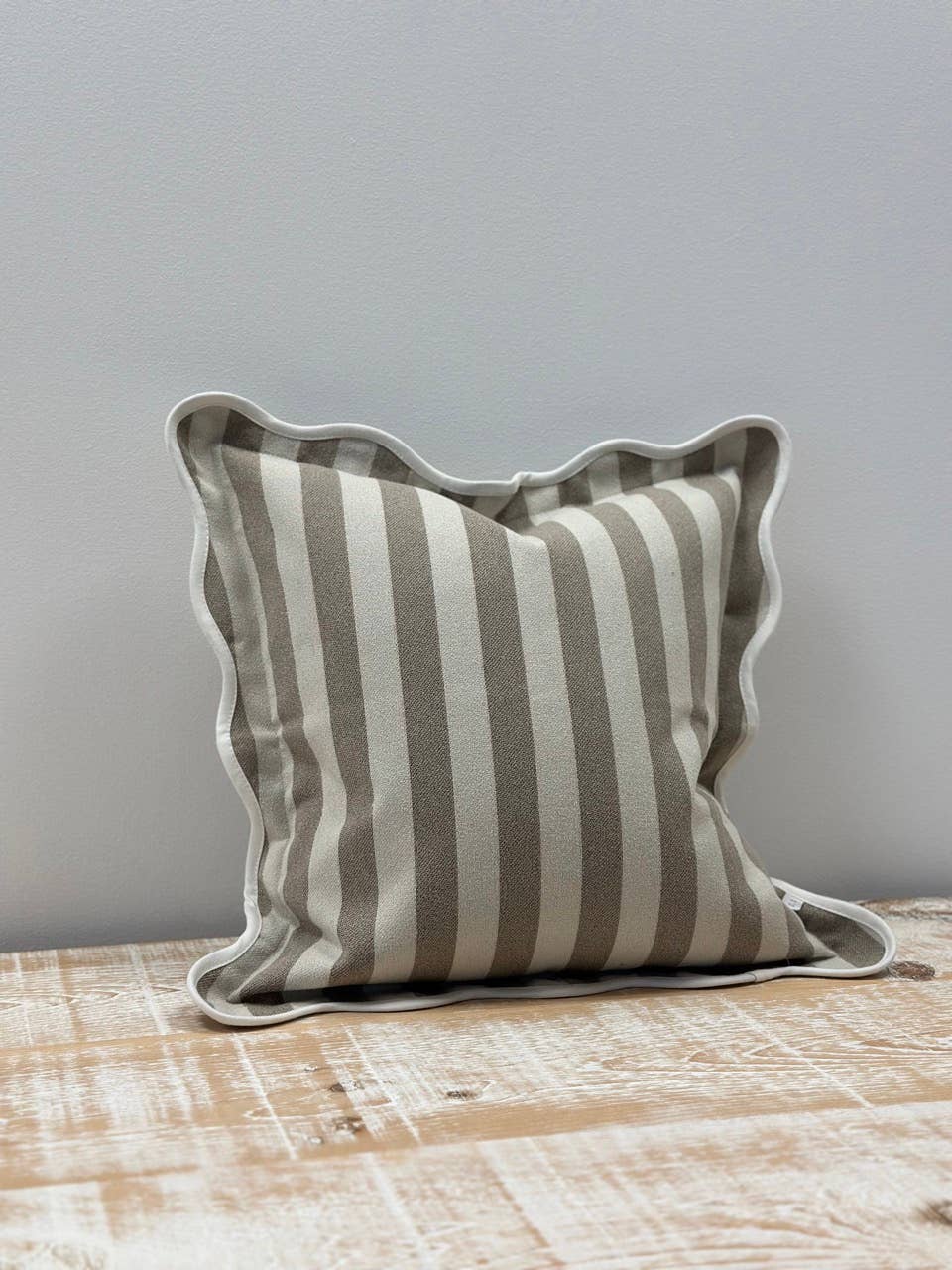 Greige Stripe Scalloped Edge Cushion Medium