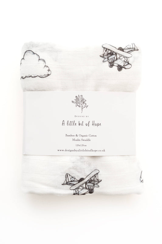 Airplane & Clouds Muslin Blanket