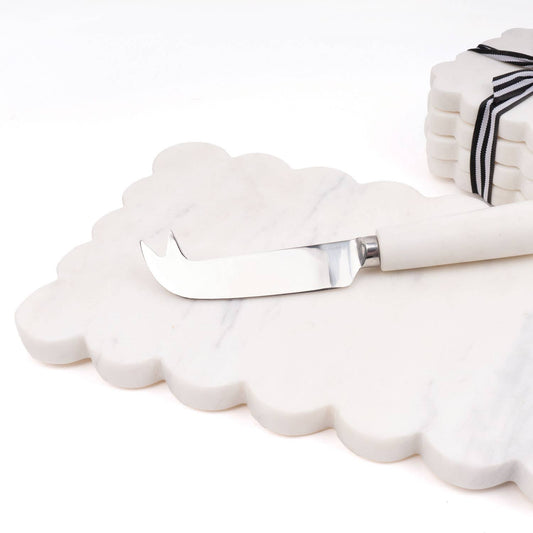 White Marble Scalloped Cheese Board & Knife Set
