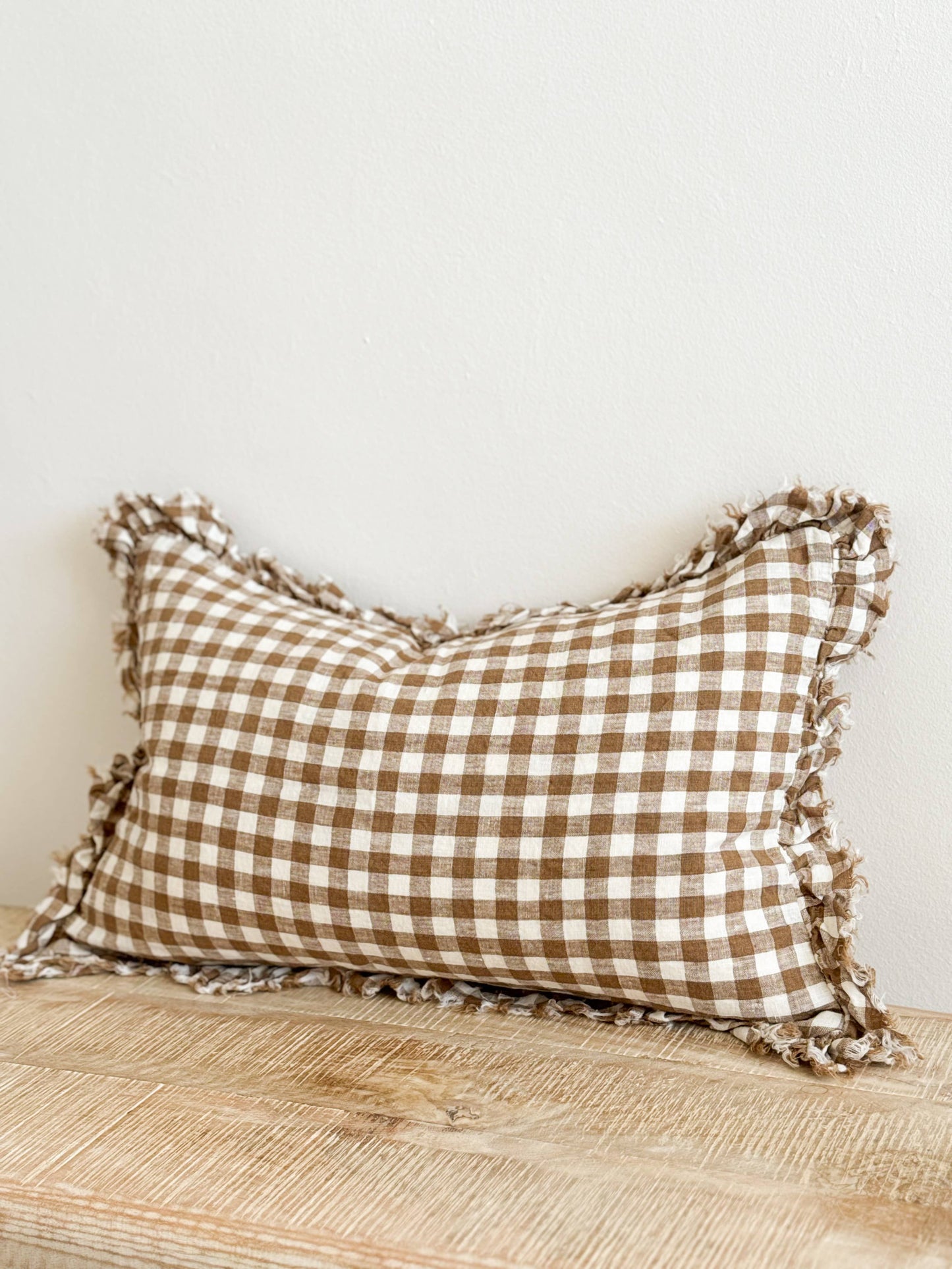 Ruffled Linen Cushion Brown Gingham Small