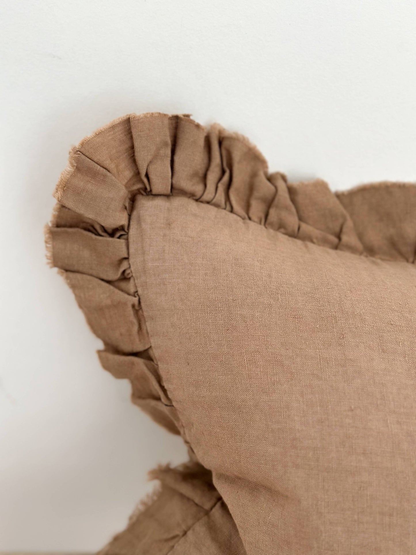 Brown Ruffle Linen Cushion Small