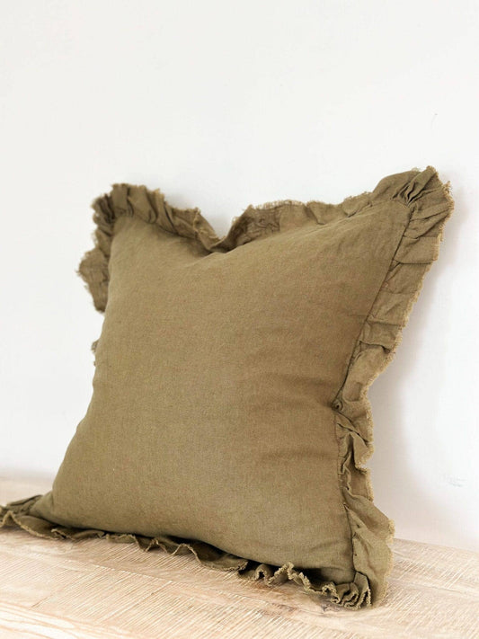 Extra Large Olive Ruffle Edge Cushion