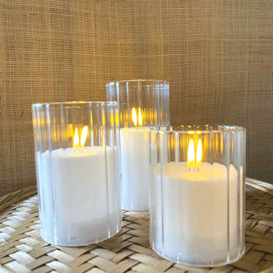 3 LED Ribbed Glass Candles