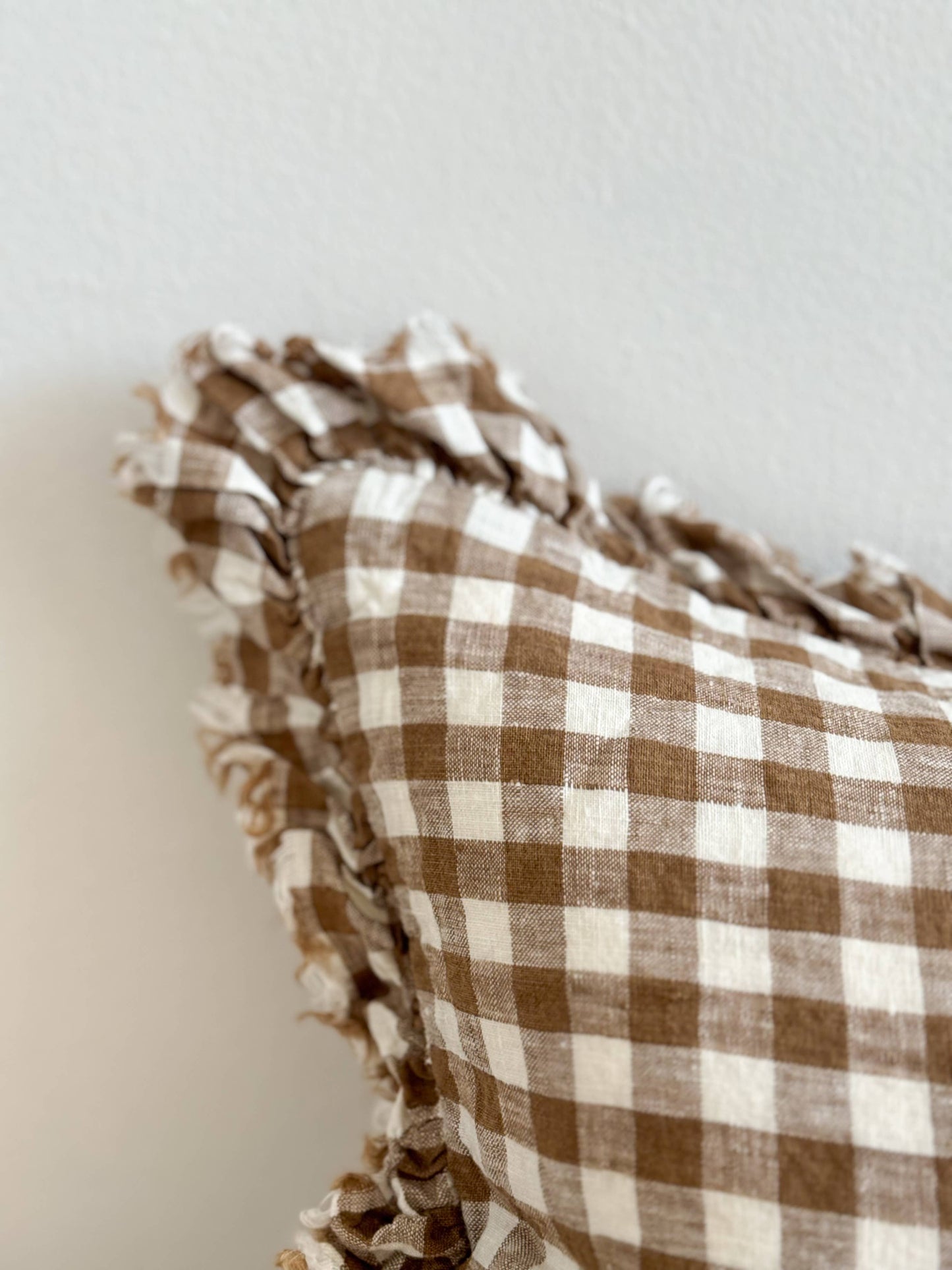 Ruffled Linen Cushion Brown Gingham Small