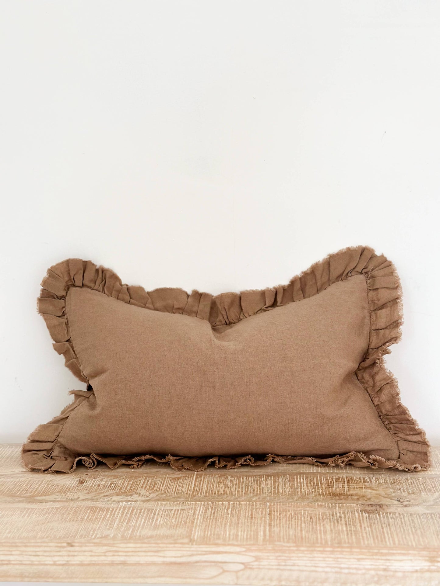 Brown Ruffle Linen Cushion Small