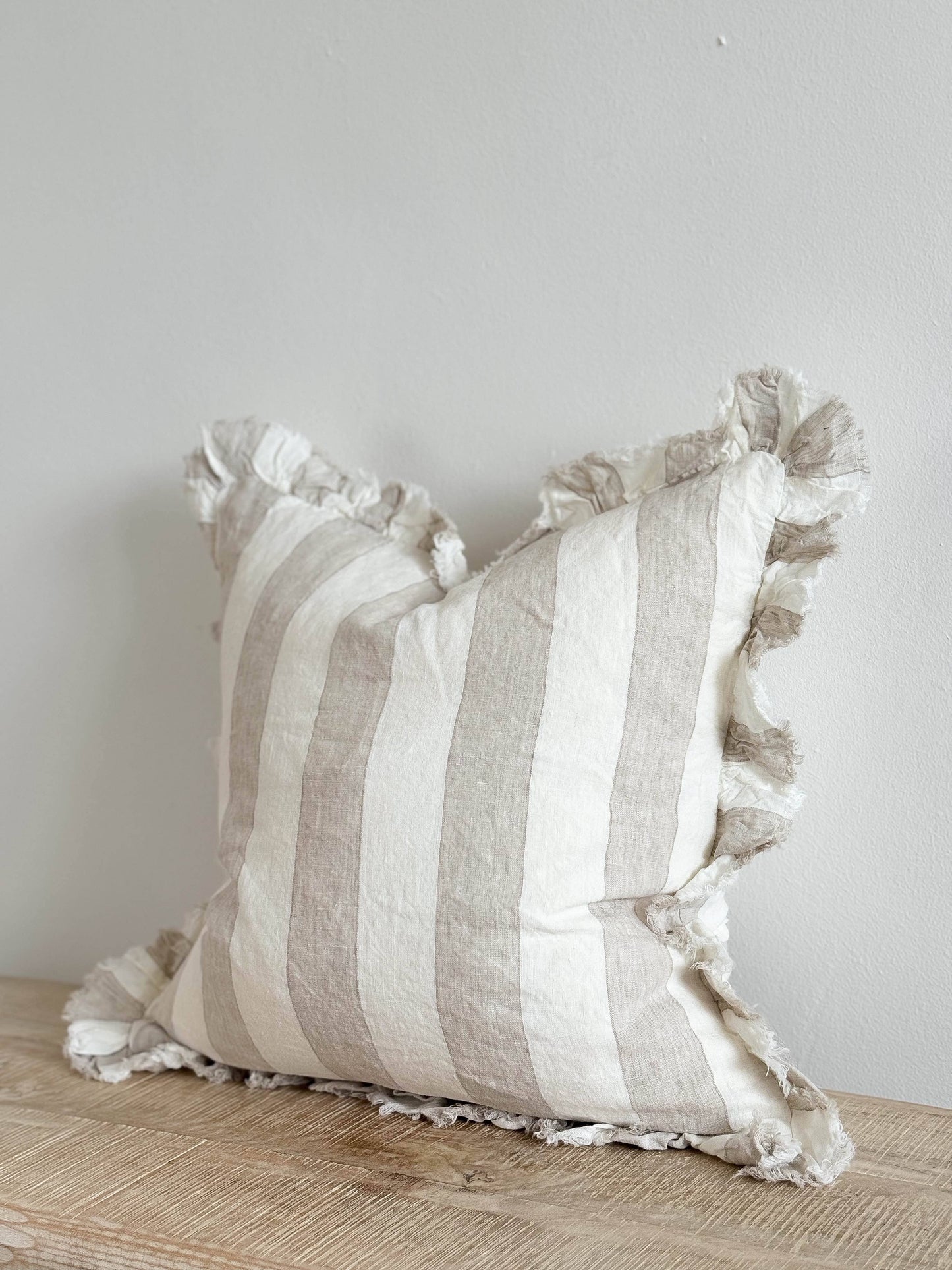 Beige & Cream Wide Stripe Ruffled Cushion Medium