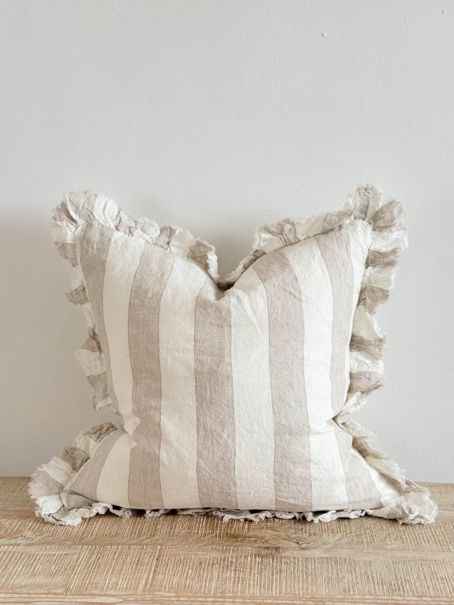 Beige & Cream Wide Stripe Ruffled Cushion Medium