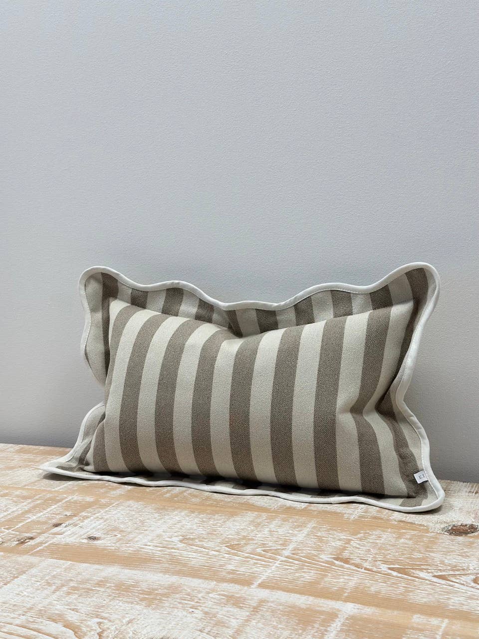Greige Stripe Scalloped Edge Cushion Small