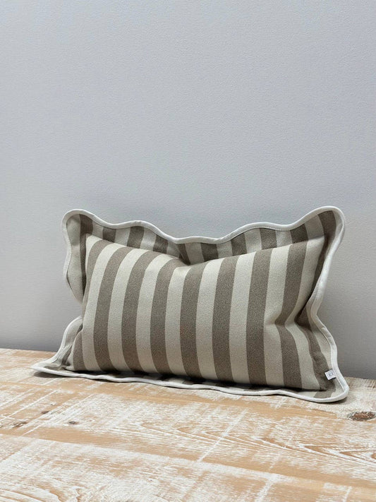 Greige Stripe Scalloped Edge Cushion Small
