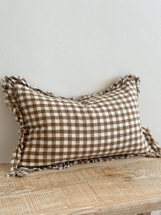 Ruffled Linen Cushion Brown Gingham Small