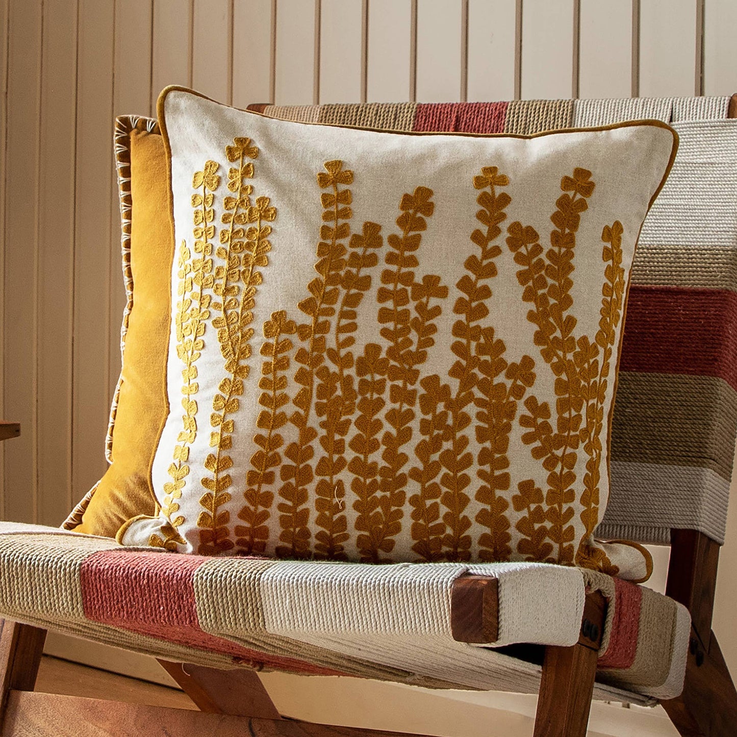 Herb Embroidered Cushion Mustard Large