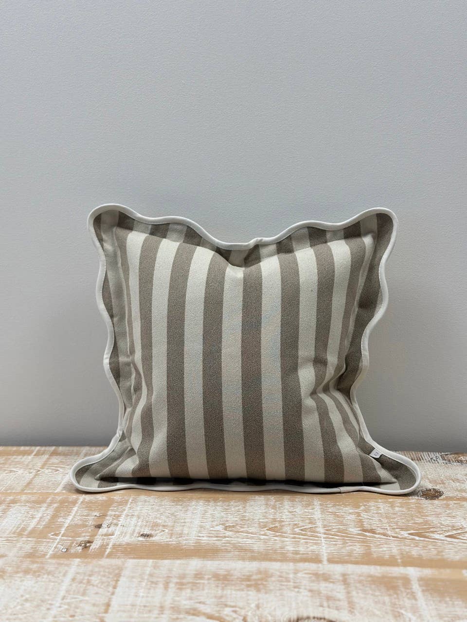 Greige Stripe Scalloped Edge Cushion Medium