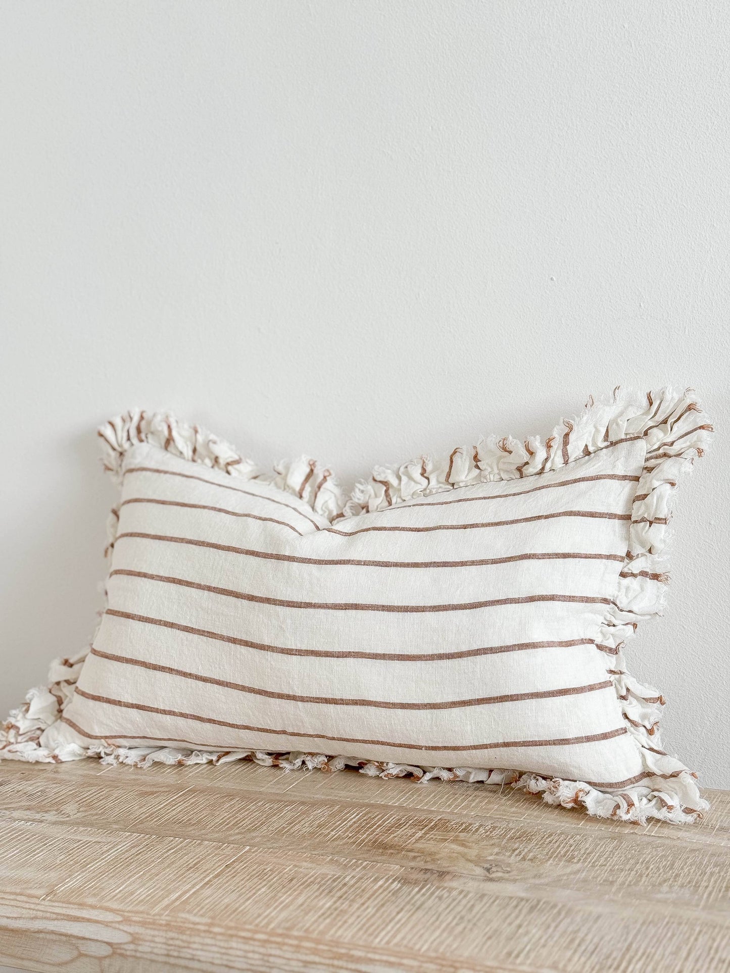 Brown & Cream Stripe Ruffle Linen Cushion Small
