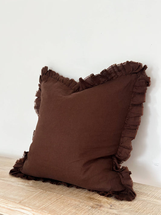 Large Dark Brown Ruffle Cushion