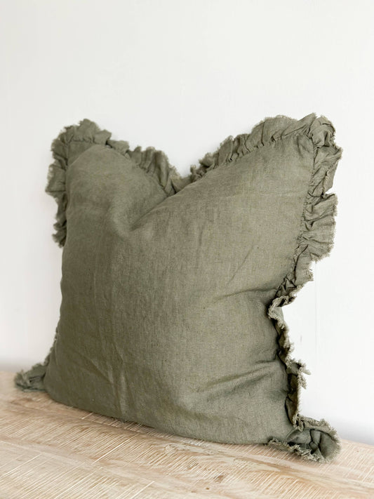 Khaki Ruffle Linen Cushion Large