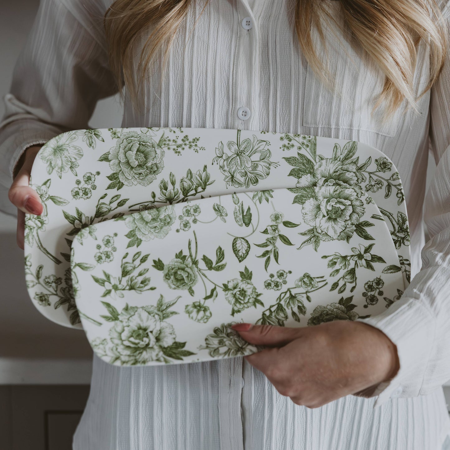 Set of 2 Green Delft Stacking Melamine Trays