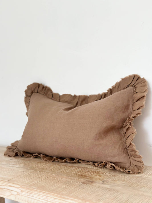 Brown Ruffle Linen Cushion Small