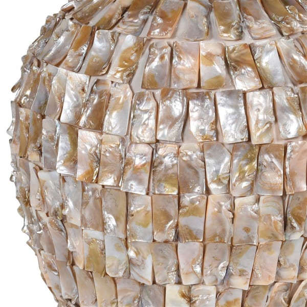 Mother of Pearl Effect Round Table Lamp with Linen Shade