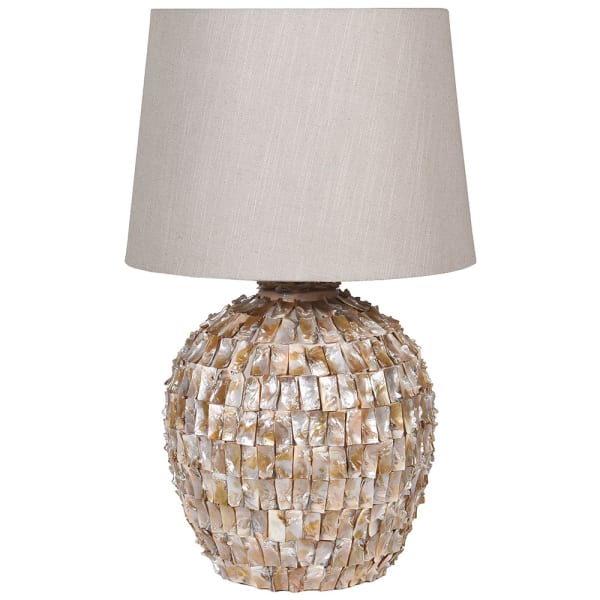 Mother of Pearl Effect Round Table Lamp with Linen Shade