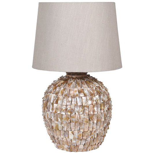 Mother of Pearl Effect Round Table Lamp with Linen Shade